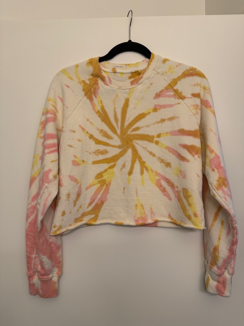 MOTHER Loafer Crop Fray Sweatshirt Size XS Yellow Tie Dye Coral Haze, Lemon